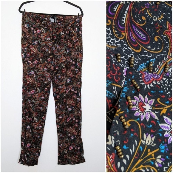 Z&L Pants - Z & L Elastic Tie Waist Straight Leg Paisley Floral Print Pants Black Red Gold M